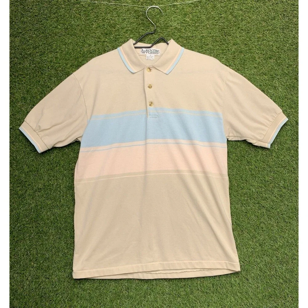 Levis Studio Shirt Mens Medium Golf Beige Blue Striped Henley Vintage Polo 90s